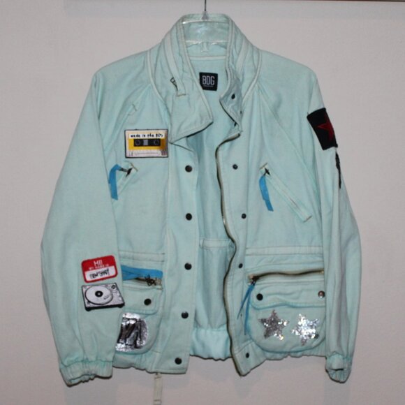 BDG Urban Outfitters distressed blue denim bomber jacket retro patches womens M - Picture 1 of 16